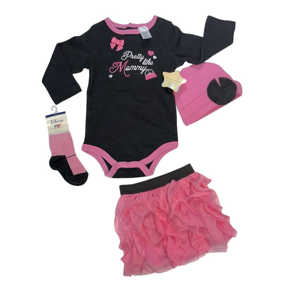 Child 12 Months Pink & Black Set Bodysuit Skirt, Hat, Socks Onesie & Hat New